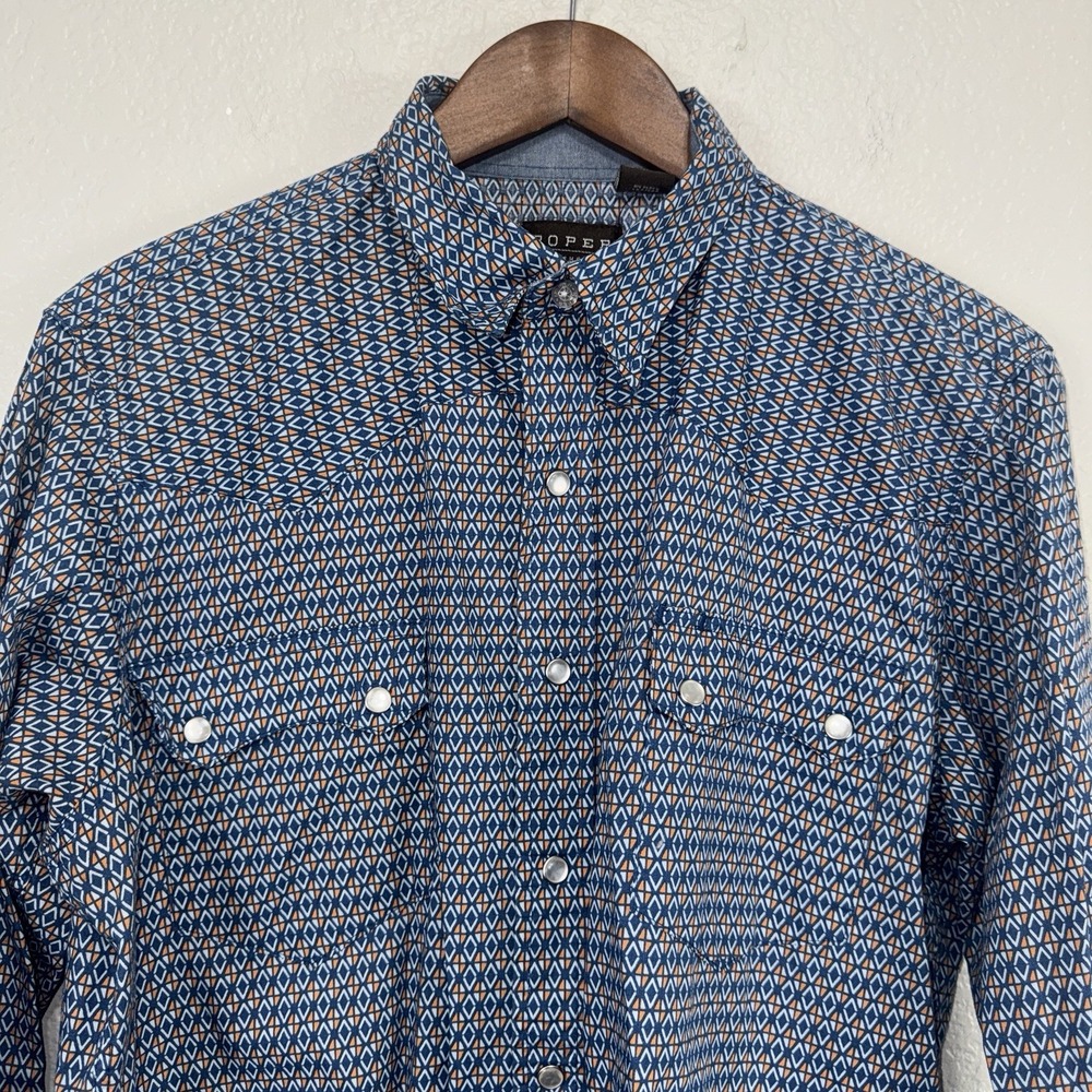 Roper Western Pearl Snap Shirt Mens Small Blue White Collard Cowboy Button Up